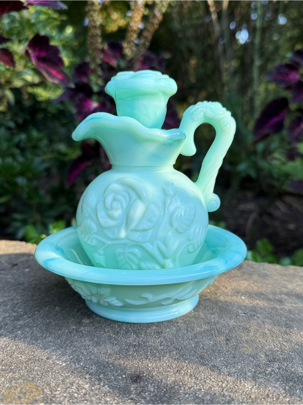 VTG Avon Victorian Rose Pitcher Mini Wash Basin Green Jadeite Slag Glass 3pc